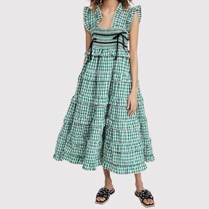 Dream Sister Jane Dress Green Roller Gingham Midi Tiered Ruffle Smocked Large